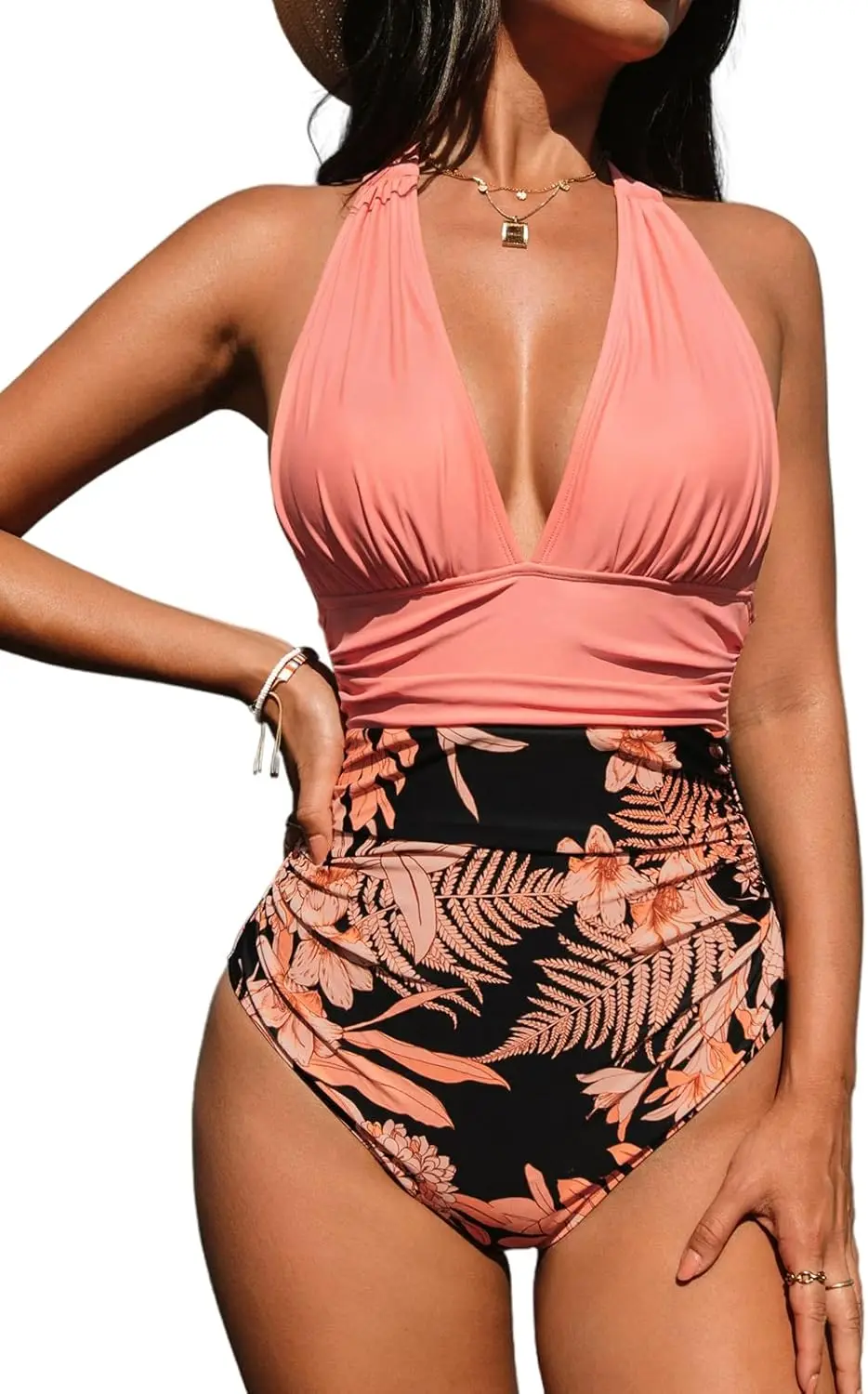 

Luxy Trio Women V Neck One Piece Swimsuit Halter Backless Ruched Tummy Control Bathing Suit