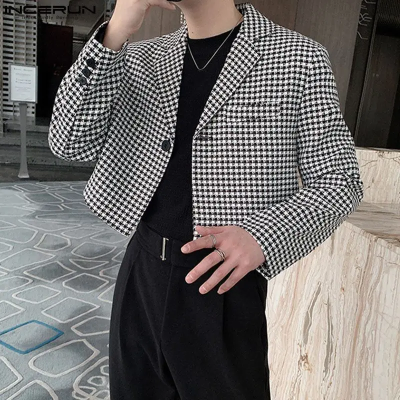 INCERUN Men\'s Plaid Blazer Lapel One Button Long Sleeve Casual Suits Men Streetwear Spring 2024 Fashion Leisure Crop Coats S-5XL