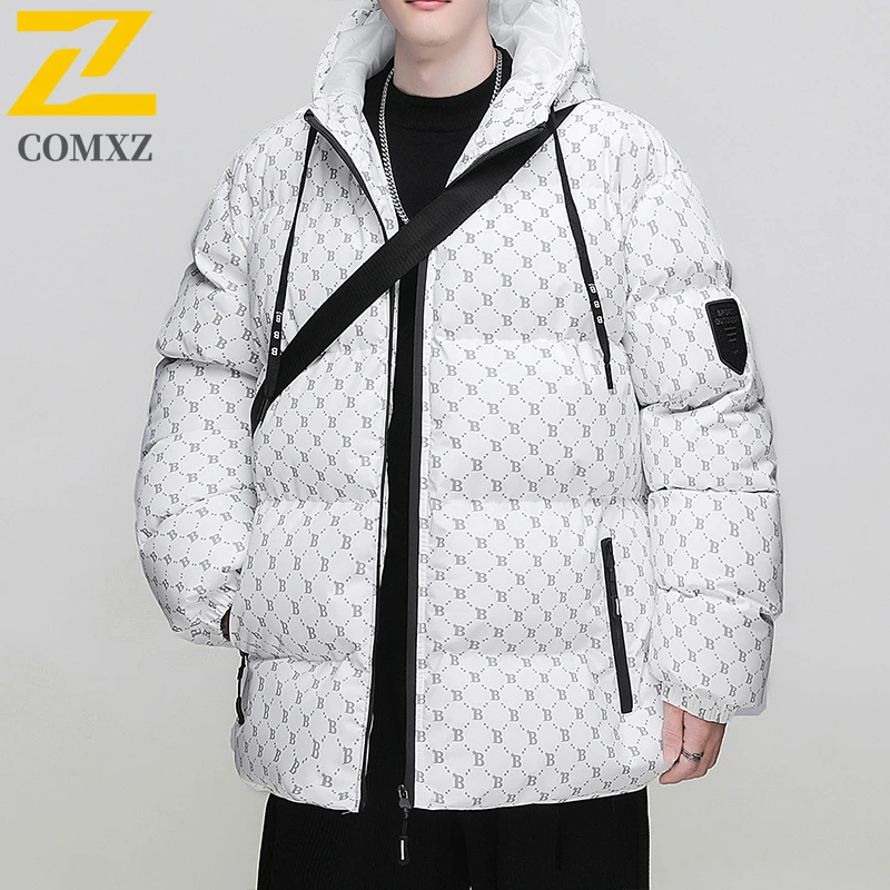 

Trendy Men Padding Coat Hooded Letter Print Streetwear Winter Warm Ski Parker Coat Windproof Outdoor Travel Casual Bread Jacket