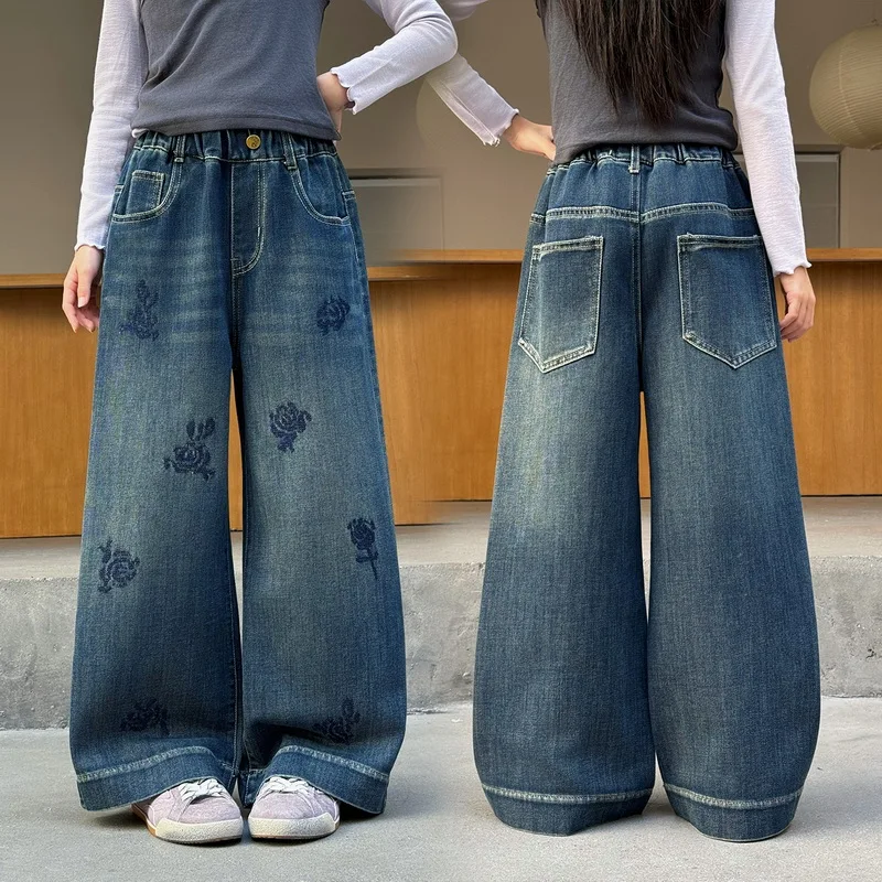 Autumn Kids Loose Straight Jeans with Floral Pattern for Teen Girls Fashion Street Style Denim Pants Children's Wide-leg Trouser