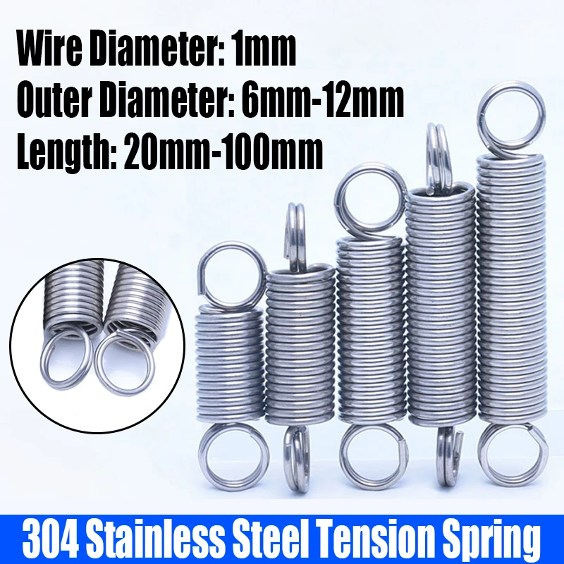 1-2PCS 1mm Wire Dia 304 Stainless Steel O Ring Hook Extension Spring Tension Spring Coil Spring Dual Hook Spring L=20mm-100mm