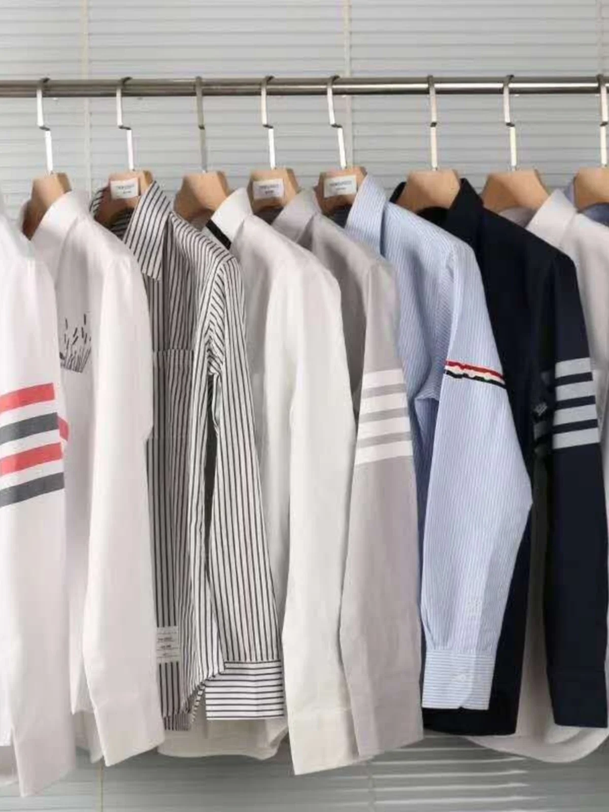 

Thom Classic Striped Embroidered Casual Long Sve irt Men's Slim Fit Cotton00% Stand Collar Button Plaet Autumn