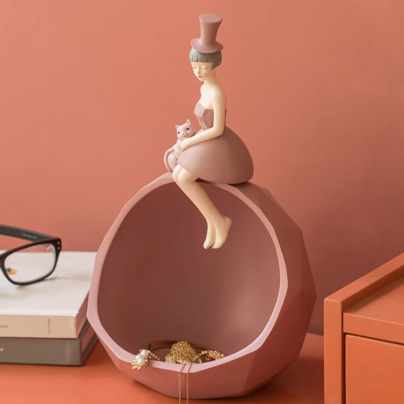 Stylish Lady Resin Sculpture, Decorative Storage Bowl for Home, Nordic Inspired Lady Cat Figurine, Desktop Storage Organizer