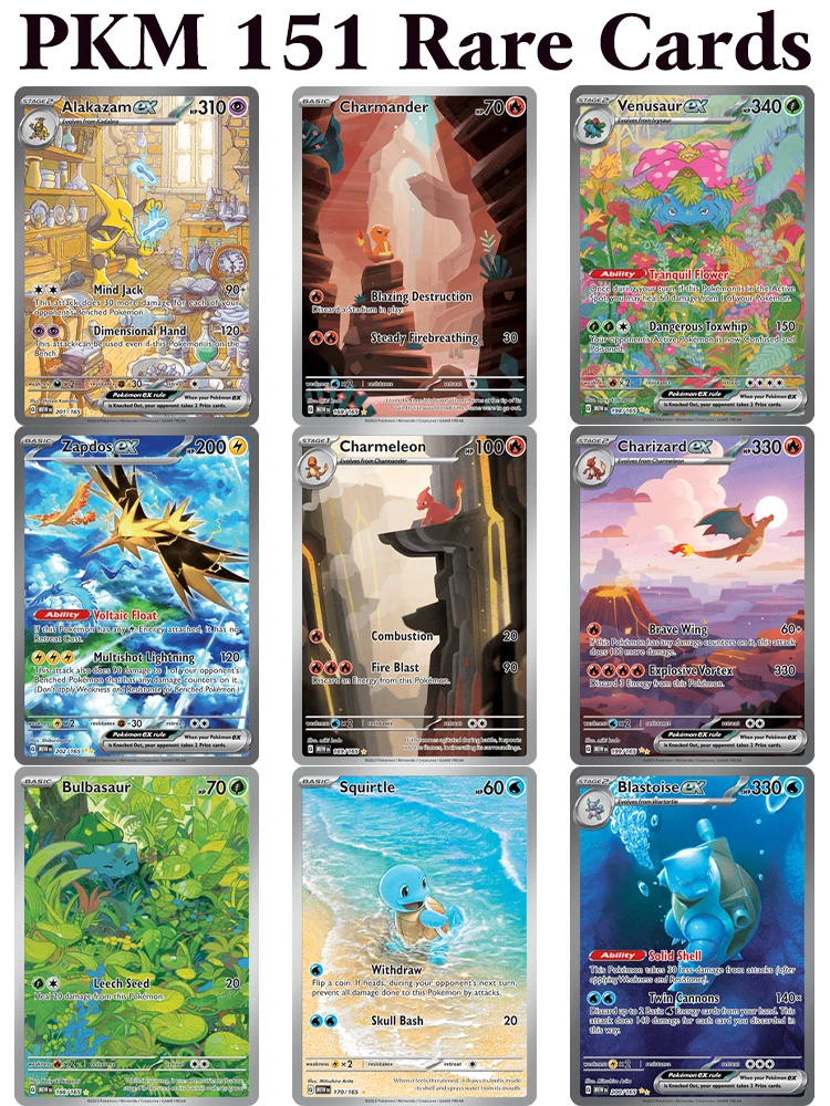 Cartes de jeu proxy PKM 151 (MEW) holographiques PTCG Charizard/Blastoise/Venusaur/Zapdos/Alakazam/ex Charmander Squirtle Bulbasaur