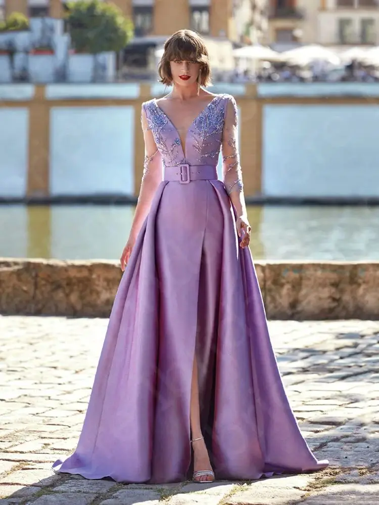 Charming Lilac Mother of the Bride Dress 3/4 Sleeves V Neck Mother Gowns 2024 Beading Front Slit Wedding Party Dress Customized