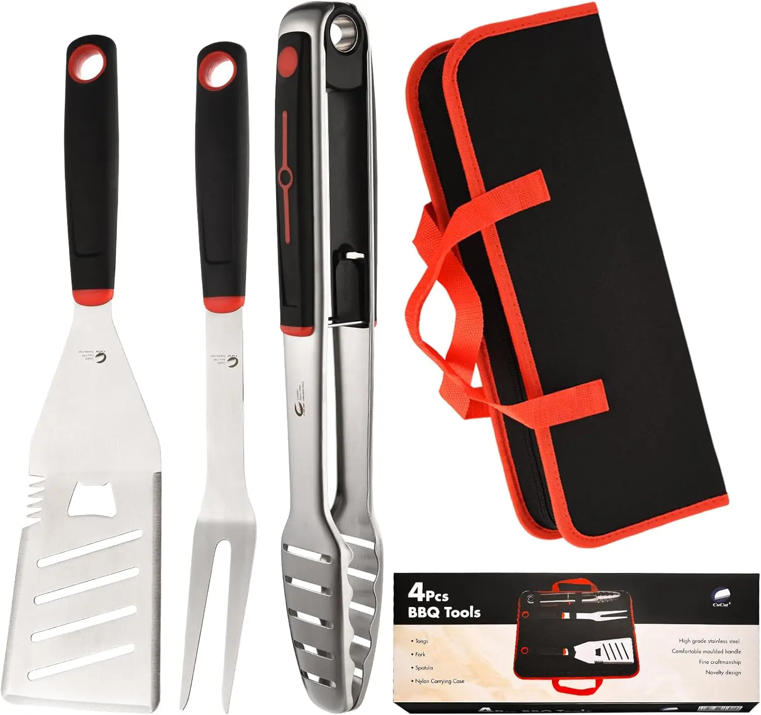 

BBQ Tools Set, Stainless Steel Spatula, Fork & Tongs with Carry Bag – Outdoor Grilling Essentials for Men, Dad, Camp Chef