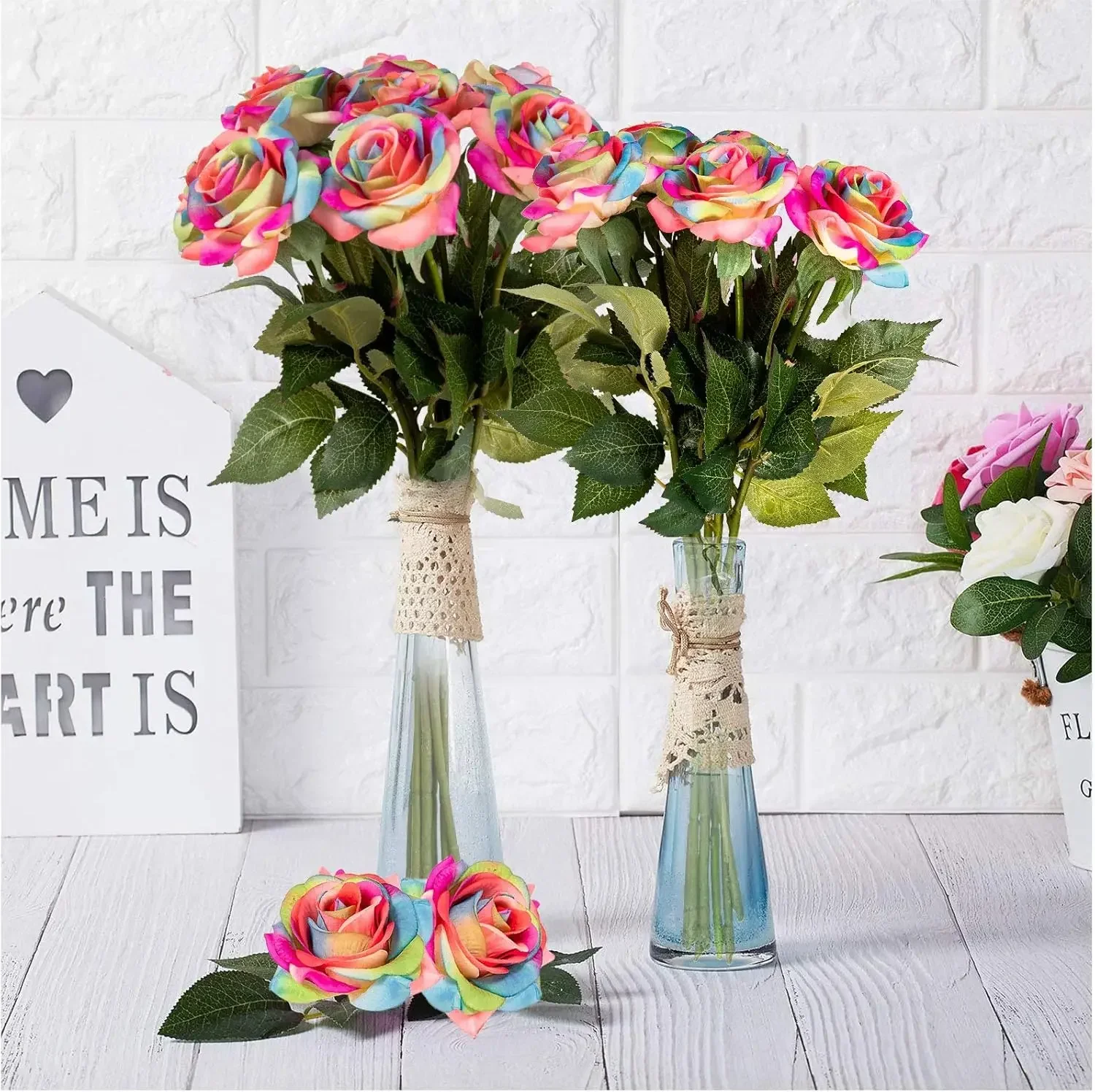 

10 Pcs Rainbow Artificial Roses Real Touch for DIY Wedding Party Baby Shower Home Decor