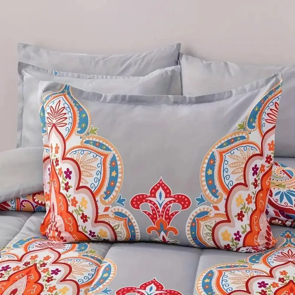 طقم لحاف كوين مكون من 3 قطع، نمط، رمادي مع زهور قوس قزح