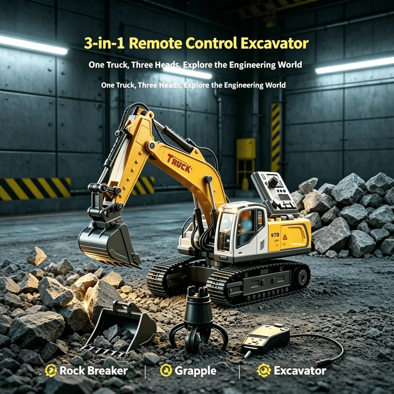 Remote Control Excavator Toy 3 In 1 Replaceable Head Alloy Engineering Car Digging Drilling Grabb Engineering Boy Holiday Gifts
