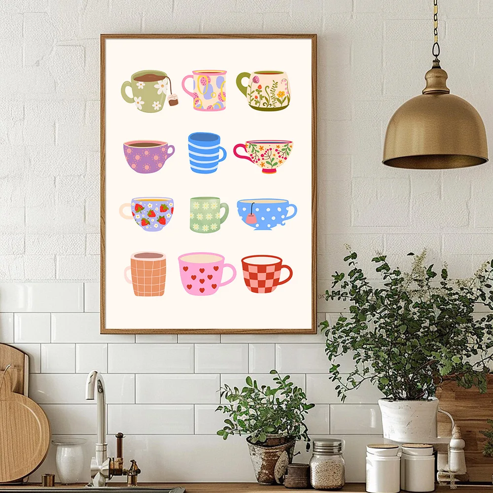 1pc Unframed Colorful Tea Coffee Cup Trendy Wall Art Poster Canvas Print Minimalist Kitchen Dopamine Decor Painting