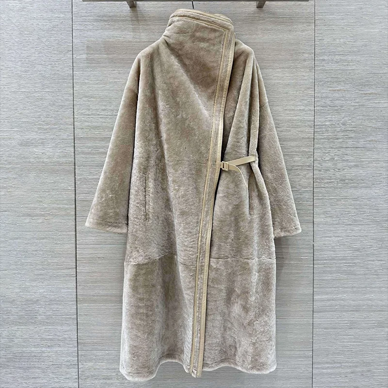 

High quality Double sided wearable cashmere leather buckle woolen long coat for woman, retro, elegant women's clothing 25121337