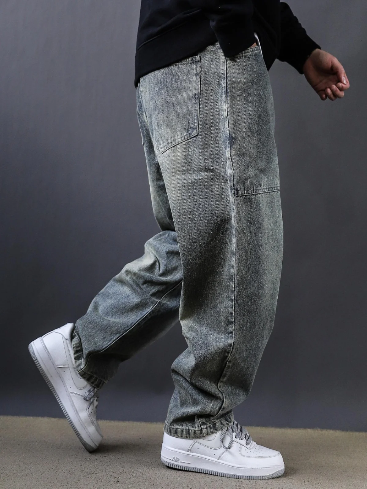 

Американские джинсы в стиле ретро для мужчин, свободного кроя, с эластичной талией, в стиле Woodcut, длинные брюки, повседневные, молодежные, модные