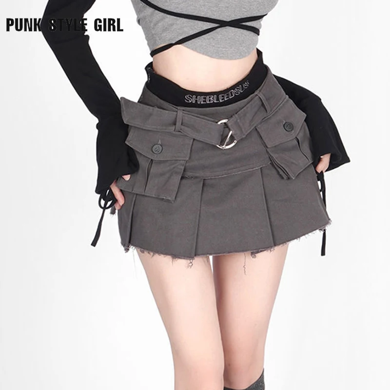 Y2K High Waist Rock Mini Skirts Women Summer Fashion Patchwork Casual Cargo Skirt Female Streetwear Multi Pocket Punk Skirts 90s