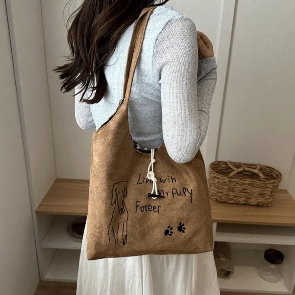 Vintage Puppy Paw Print Tote Bag Large Capacity Little Dog Handbag Plaid Lining Soft Fabric Shopper Bag Party Use