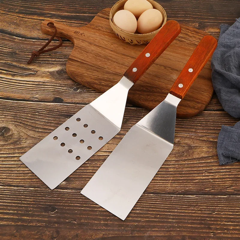 Wooden handle steak frying shovel, stainless steel leaky shovel, fried vegetable, fried egg shovel, kitchen ware, iron plate