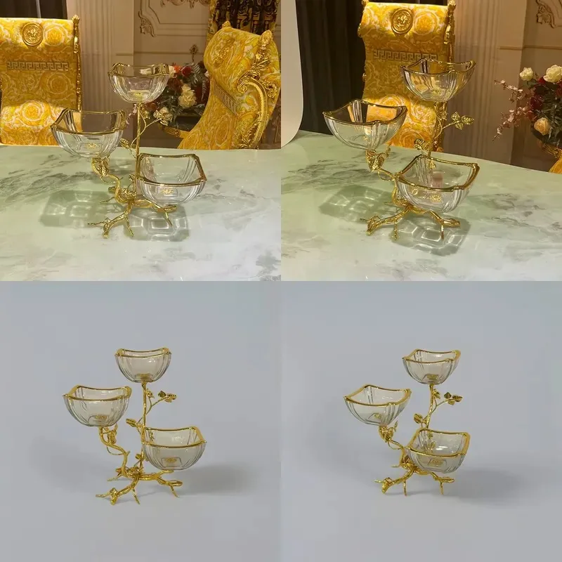 Gold Plated Crystal Glass Fruit Plate Large Capacity Decorative Tableware for Dining Table Home Restaurant Ornament