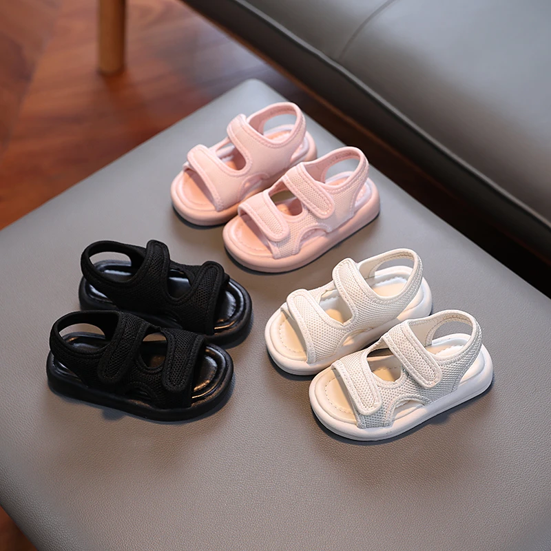 

Summer BoysGirls Casual Sandals Hook-loop Round Toe Anti-slippery Comfy Kid's Flat Shoe Solid Colors Daily Children Shoe 4-6Y