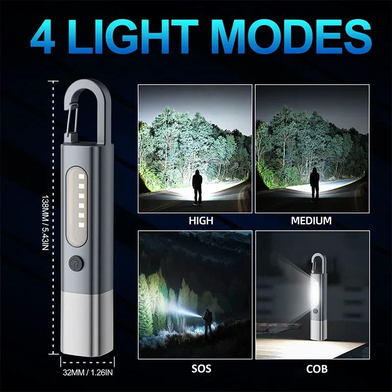 Super Bright LED+COB Flashlight Type-C USB Rechargeable Flashlights 3 Lighting Modes Emergency Light Outdoor Waterproof Torch
