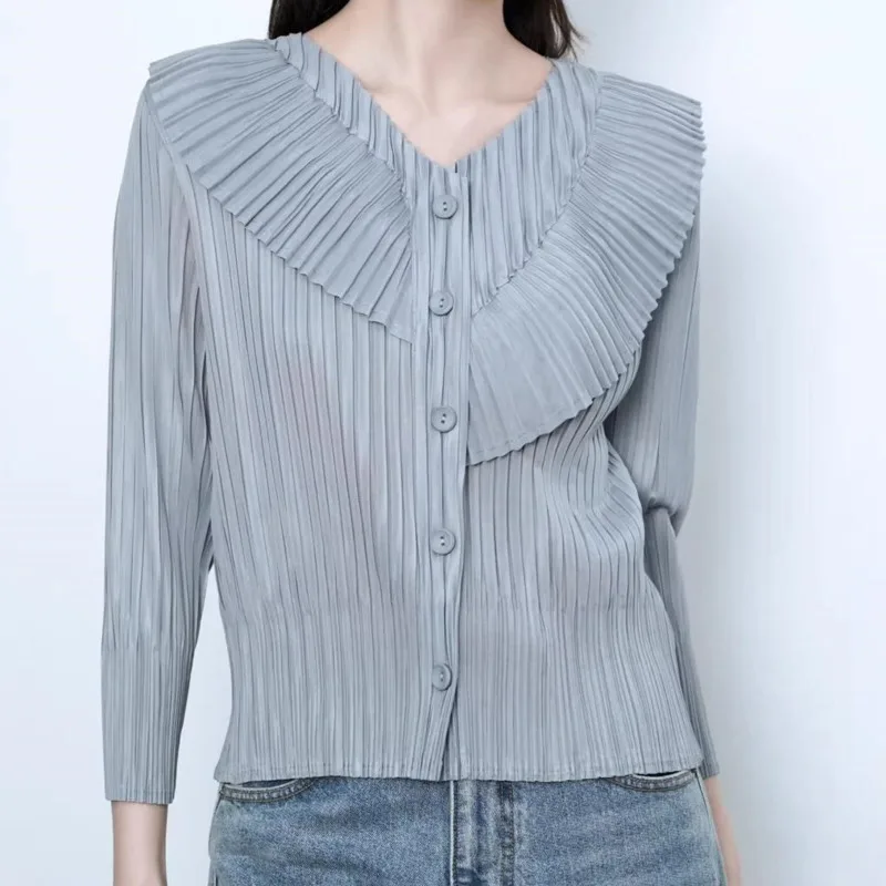 HKSH Women Shirt Pleated V-neck Long Sleeve Single Breasted Solid Color Elegant High Street Casual Top New Spring Summer HK21453