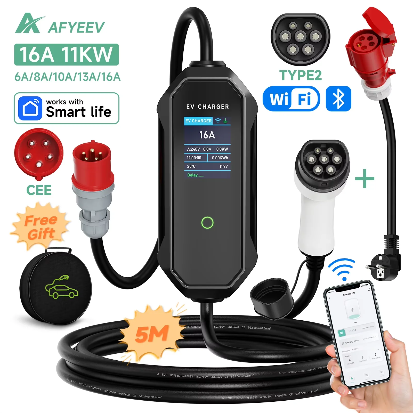 Afyeev type2 portátil ev carregador 11kw 16a 3p gbt carregador de carro wi-fi app controle evse caixa de carregamento plugue cee para veículo elétrico