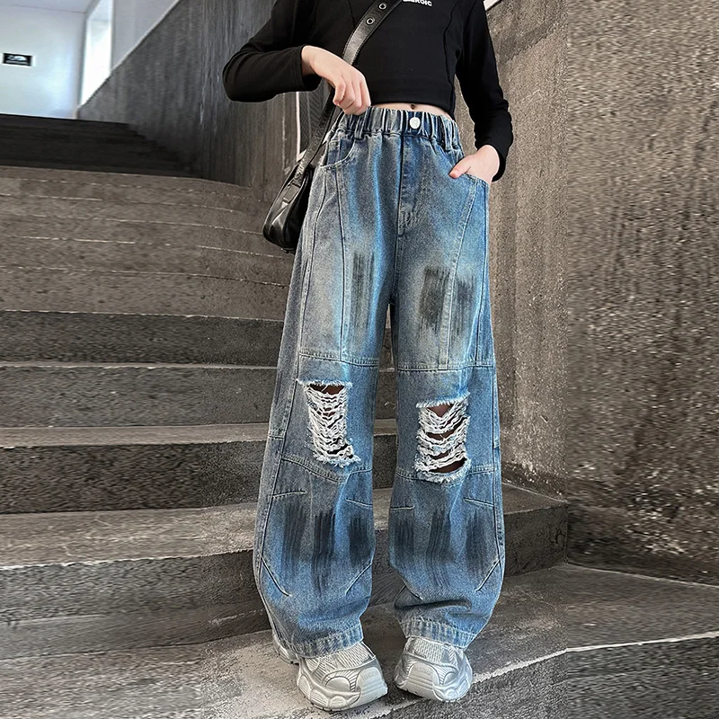 

New American Style Children High Street Fashion Ripped Jeans with Drawing for Teen Girl Retro Harajuku Trendy Broken Denim Pants