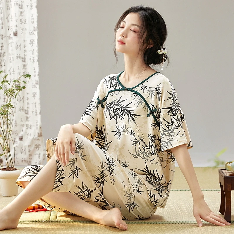 Ladies Sleepwear Cotton Knee-length Leisure Womens Pajamas Sets Chinese Cheongsam Style Printing Pyjama Clothing Nightwear Suit