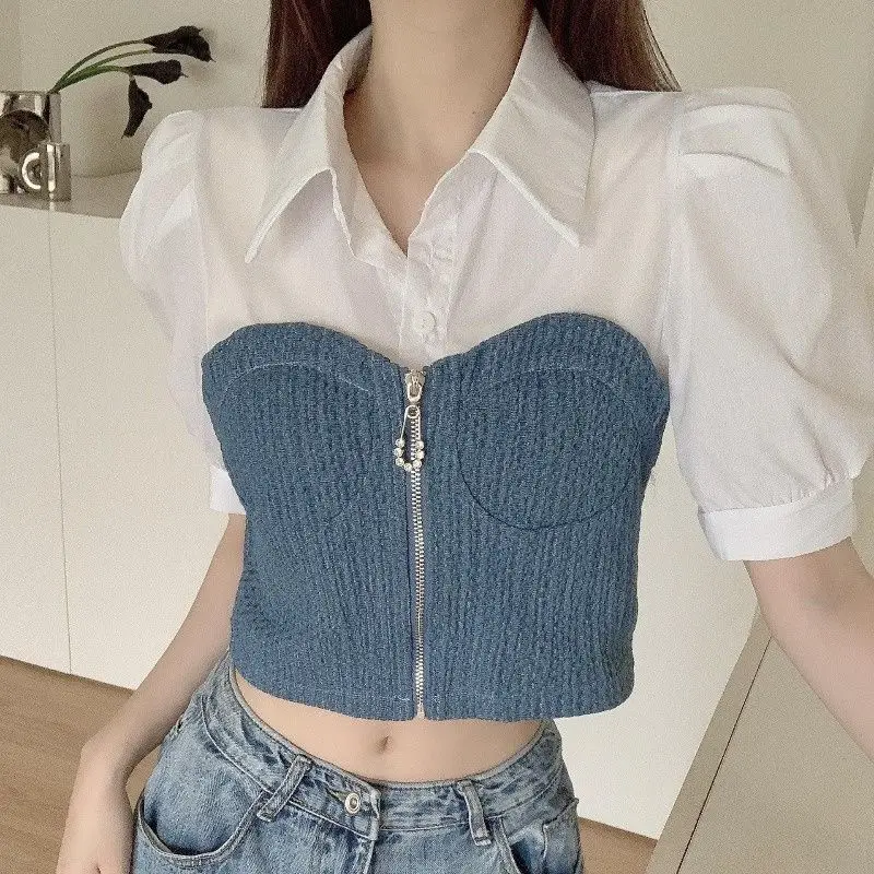

French Temperament Polo Neck Shirt 2025 Summer Bubble Short Sleeve Short Design Sense Women's Top