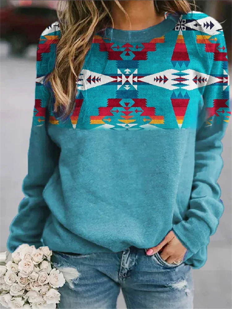 Autumn Winter Retro Western Ethnic Geometric Print Sweatshirt Women's Casual Round Neck Vintage Hoodie Blouse Loose Sweatshirts