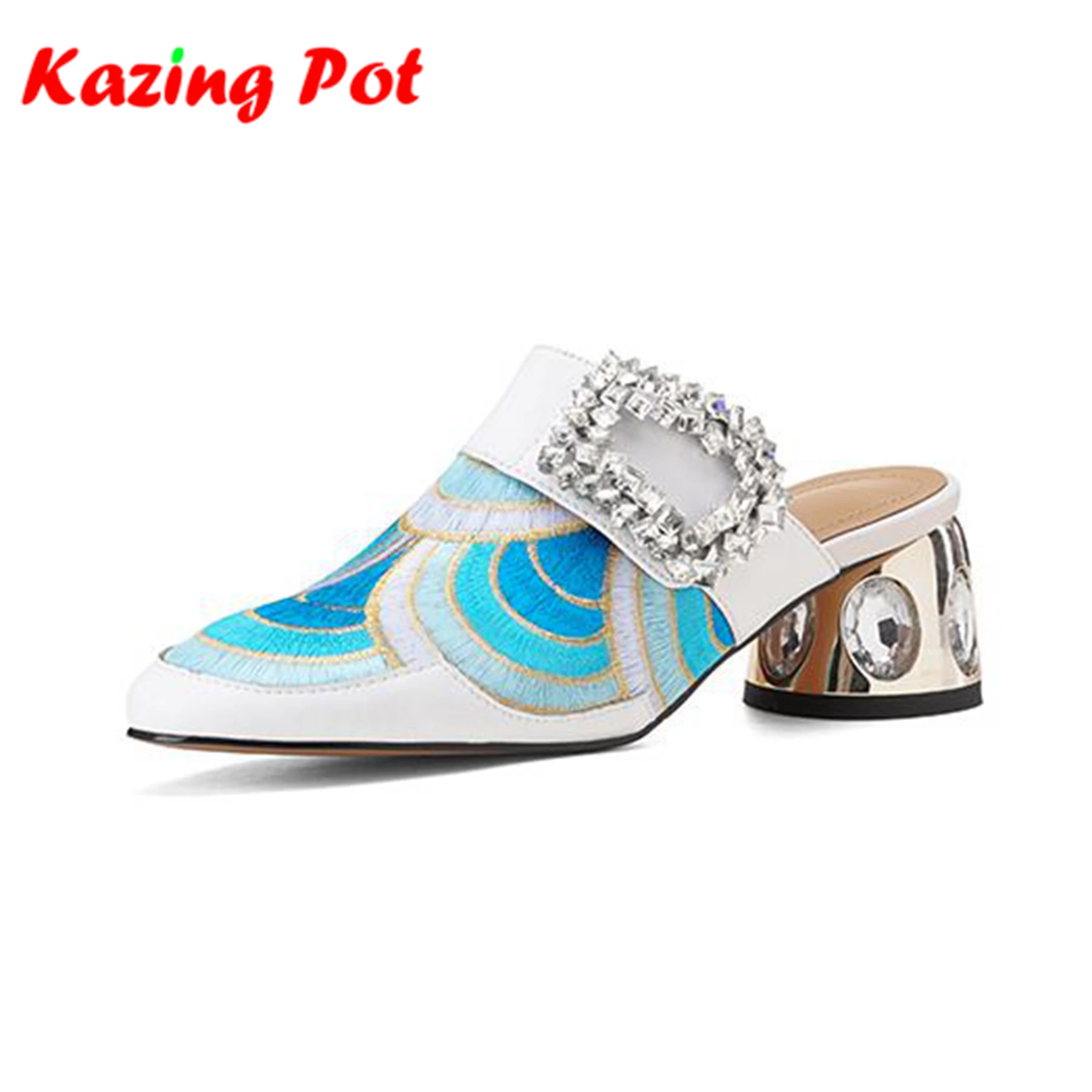 Krazing Pot Cow Skin Mules Round Toe Crystal Med Heels Summer Sandals Embroidery Cloth Big Size 43 Oriental Style Women Pumps