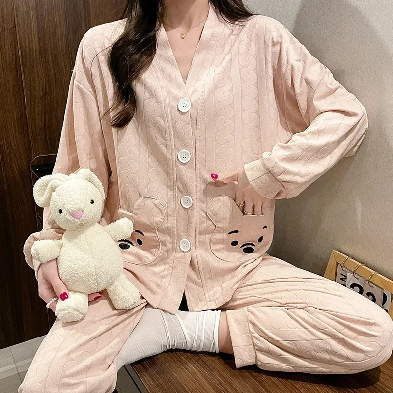 New Girl Pajamas Spring and Autumn Pajamas Women's V-neck Cardigan Cartoon Bear Printed Long Sleeve Casual Home Clothing Set