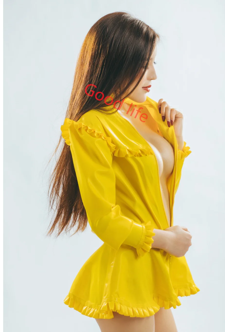 

Pure Latex Sexy Gummi Tops Lace Mini Skirts Dress High Collar Yellow Jacket with Front Zip Long Sleeves Rubber