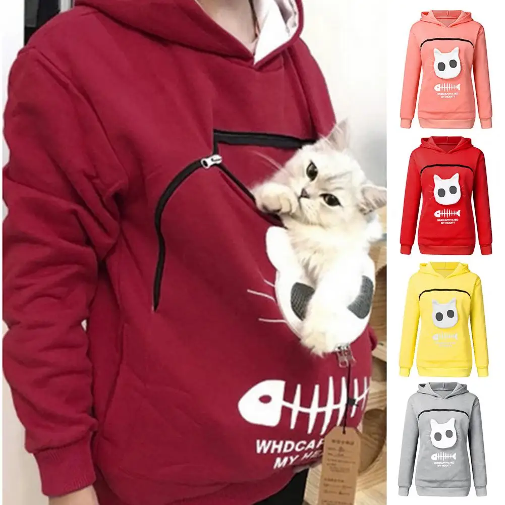 

Lady Hoodie Cartoon Print Women Spring Hoodie Cat Pocket Lady Autumn Hoodie