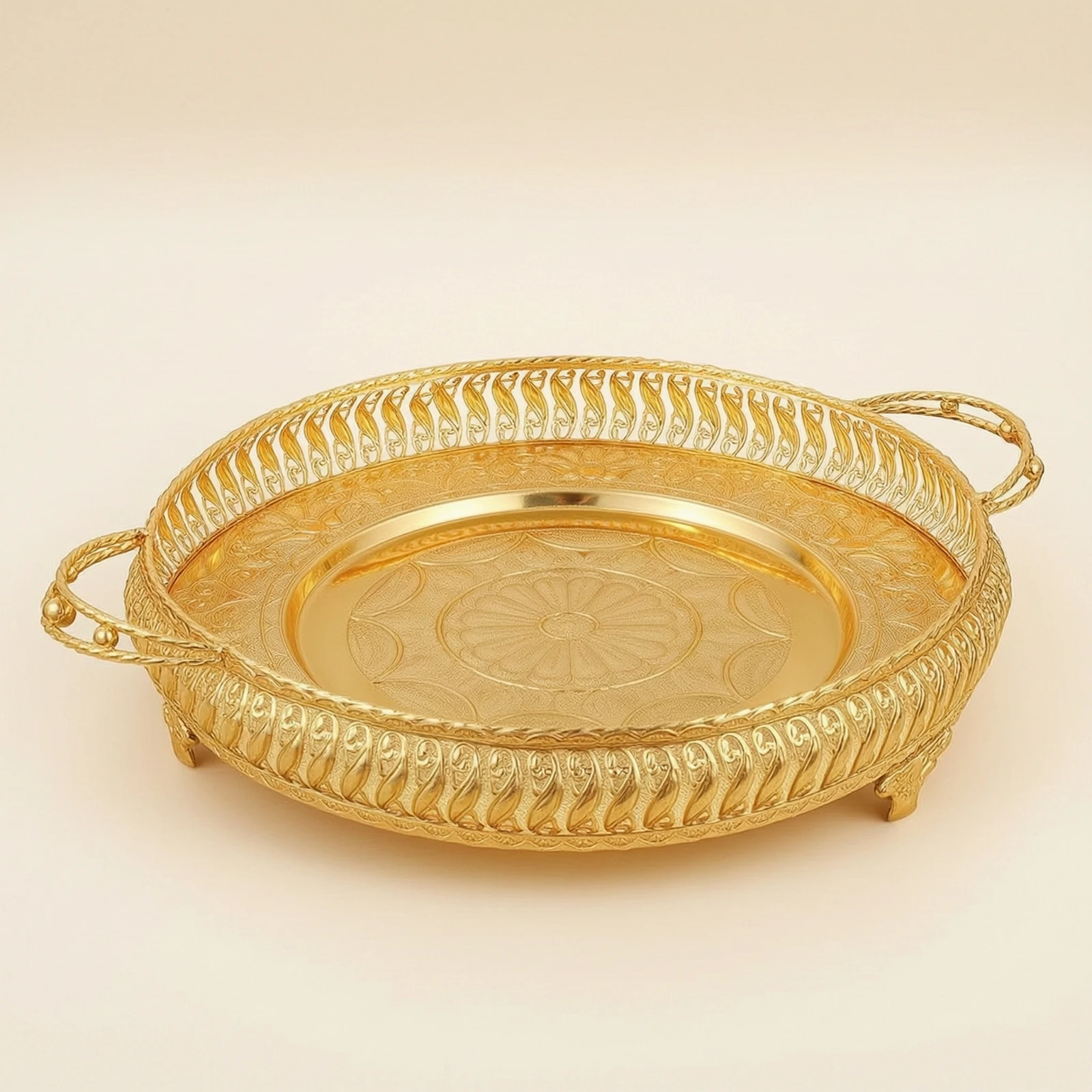 Oval Serving Tray Embossed Decorative Tray with Handles Oval Serving Platter Pierced Household Item Multipurpose