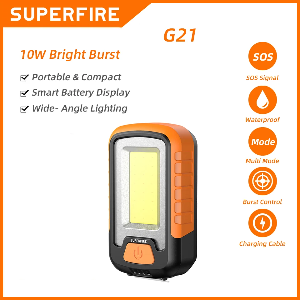 SUPERFIRE G21 Multi-function Work Light COB Rechargeable LED Flashlight Built-in Battery Portable Car Repair Emergency Lamps