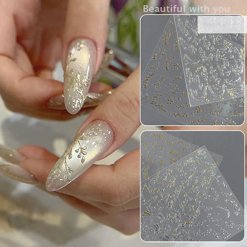 

Chinese Style Wicker Leaves Design Embossed Reliefs Self Adhesive Nail Art Decorations Stickers Cute Manicure Decals DIY Salon