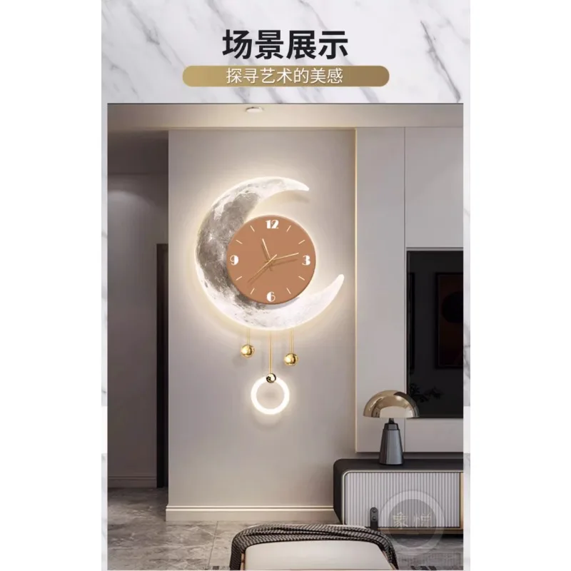 Luxury living room clocks hanging pictures TV background grid creative clock wall lamp painting restaurant moon