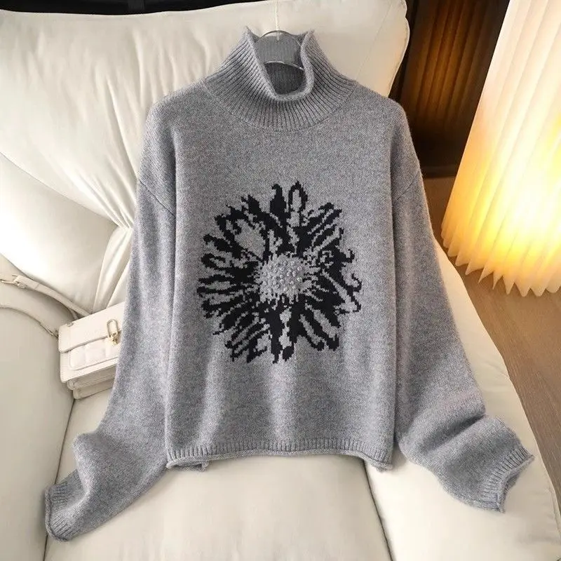 

Turtleneck Jacquard Knitted Sweater 2025 Autumn Winter Women Solid Sweater Korean Style Female Soft Pullover Casual Bottom Shirt