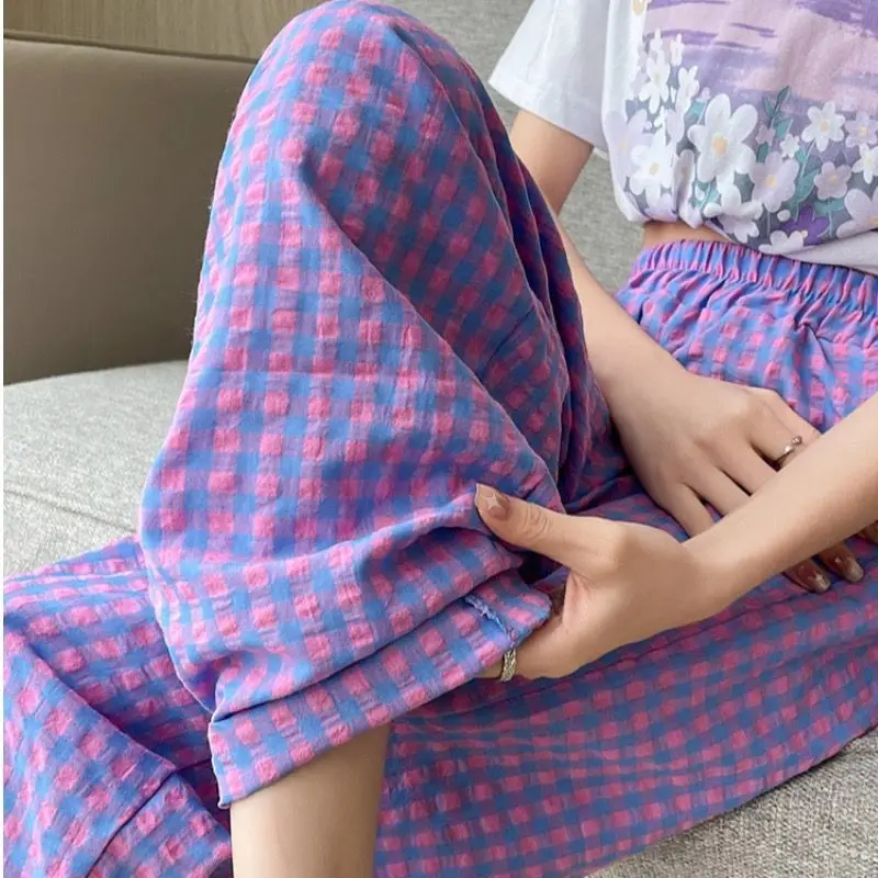 Women's Clothing Spring Autumn Elastic Plaid Contrast Color High Waisted Pockets Casual Straight Sweatpants Trousers Pants