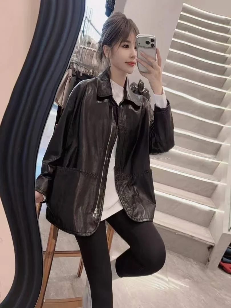 

Женская кожаная куртка Ning 2026: новая модель, из натуральной овчины, укороченная, для повседневной носки, с длинными рукавами, на молнии