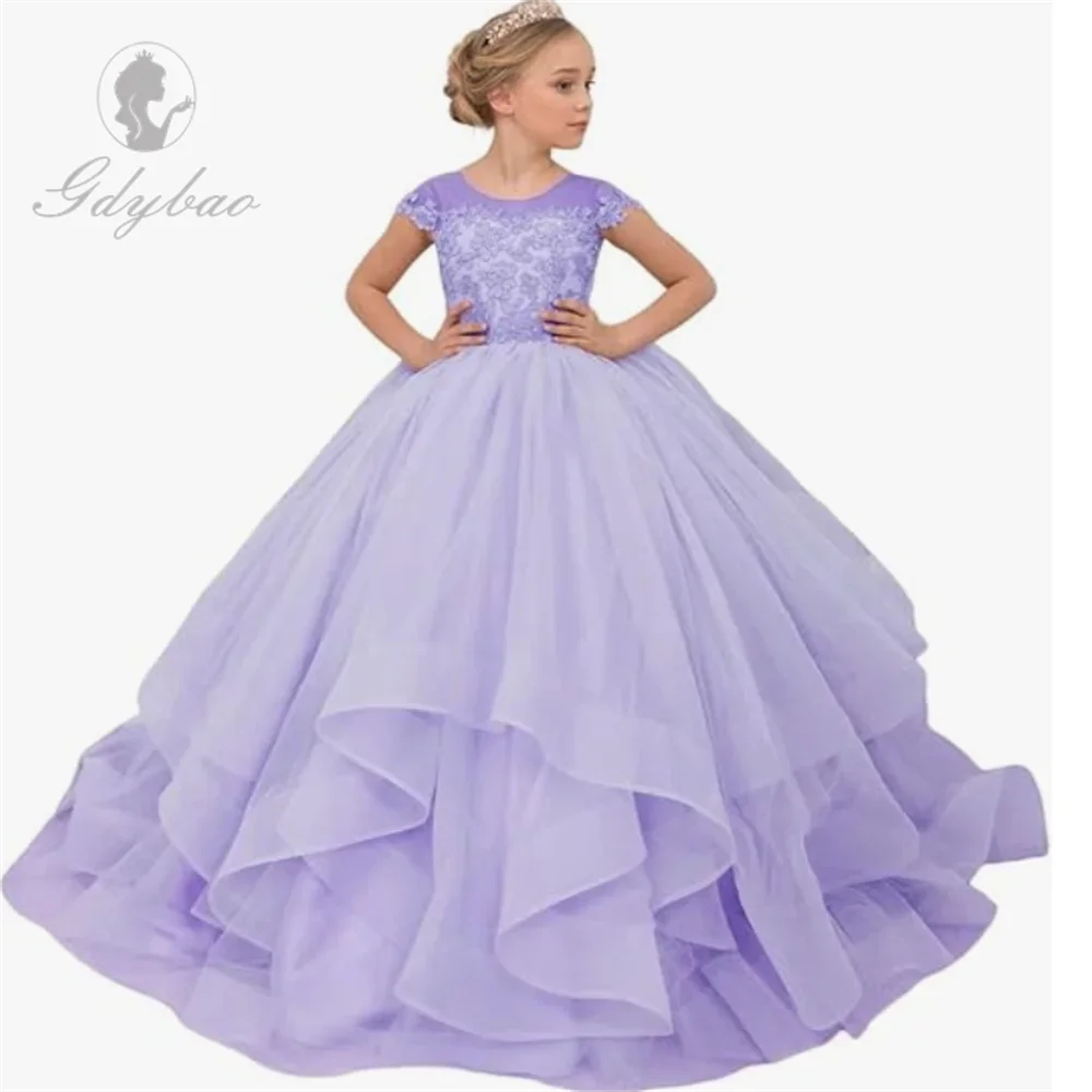 A + vestido de tul con Apliques de encaje para niña, vestidos de desfile de princesa de manga corta, vestidos de fiesta, vestido de princesa para niña de boda