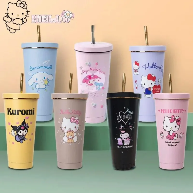 

kawaii Hello Kitty Thermos cup 750ML anime Sanrio Kuromi My Melody girl Portable With straw coffee cup Insulation High capacity