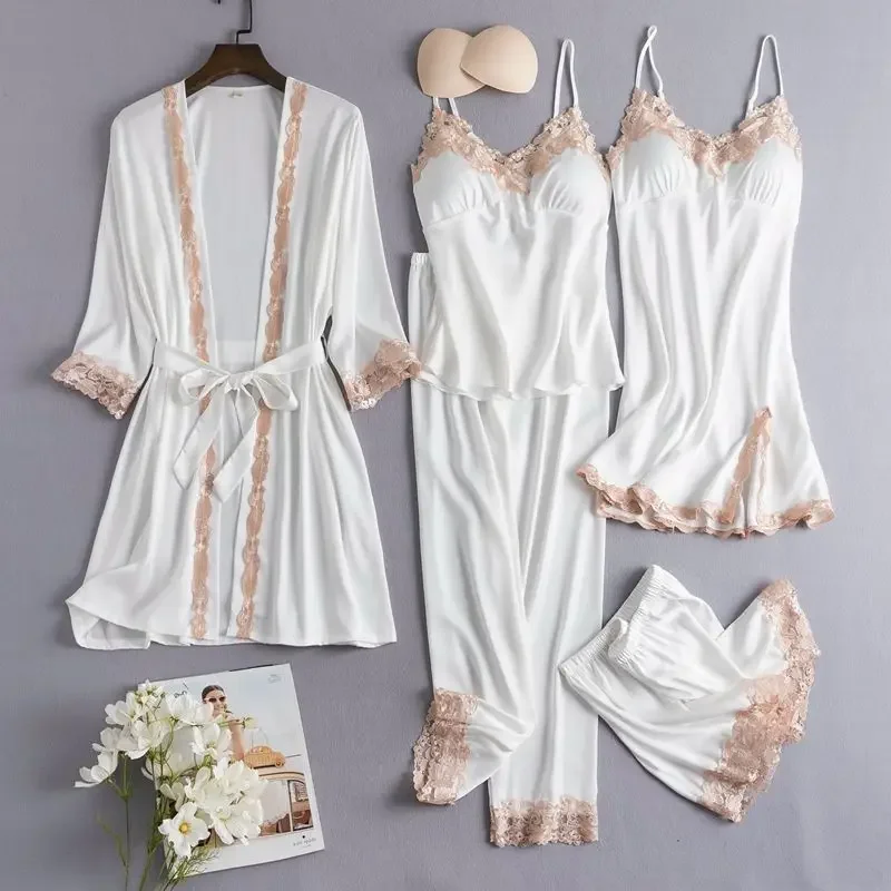 Sleepwear With Lace Women Pajamas Set Sexy 5 Pieces Robe Suit Kimono Gown Sexy Loungewear V-neck Bathrobe Lingerie Nightwear