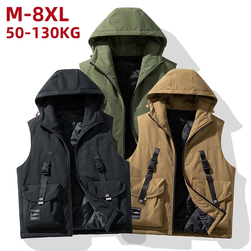 

Big Size Winter Hooded Vests Men Thick Sleeveless Jacket Big Pockets Waistcoat 6xl 7xl 8xl Fashion Casual Patchwork Coat Male