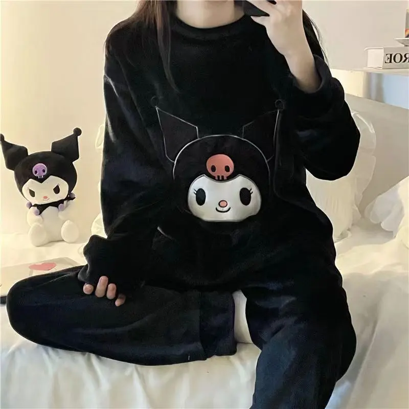 Cartoon Sanrios Women\'s Pajamas Kuromi Kawaii Cinnamoroll Round Neck Flannel Pajamas Long Sleeve Sweet Loose Home Clothes Female