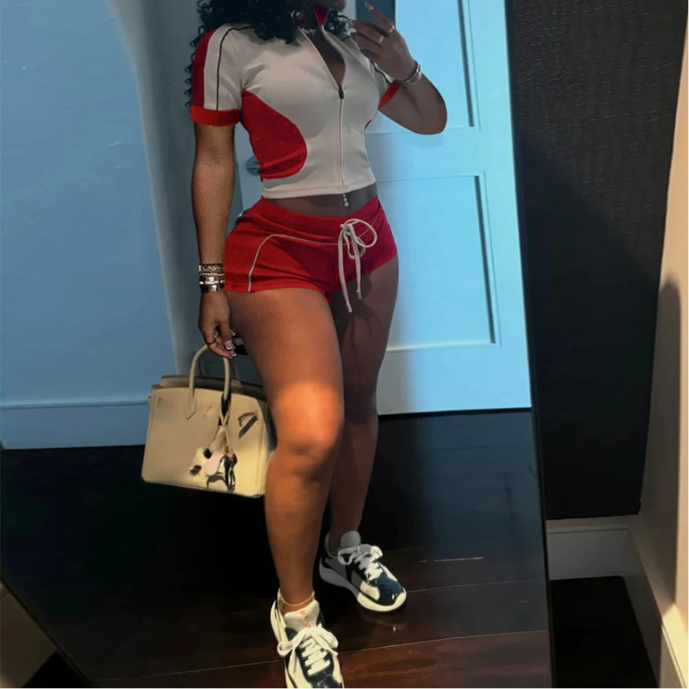 

Women Sets Outfit Summer Streetwear Panelled Two Tone Slim Sports Short Sleeve Shorts Suits Zip Crop Tops Casual 2 Two Piece Set