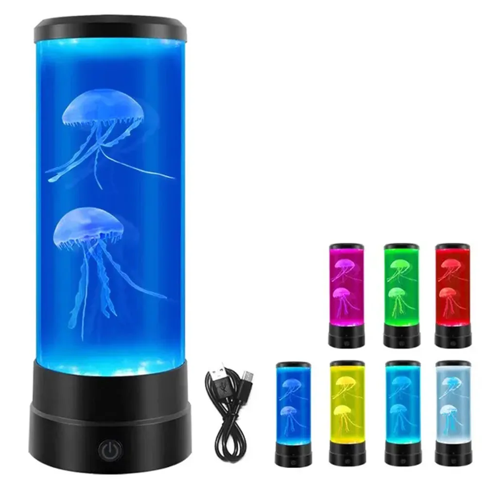 Color-Changing LED Jellyfish Lava Lamp Aquarium Simulation Jellyfish Decorative Lamp USB Acrylic Night Light Gift for Kids Toys