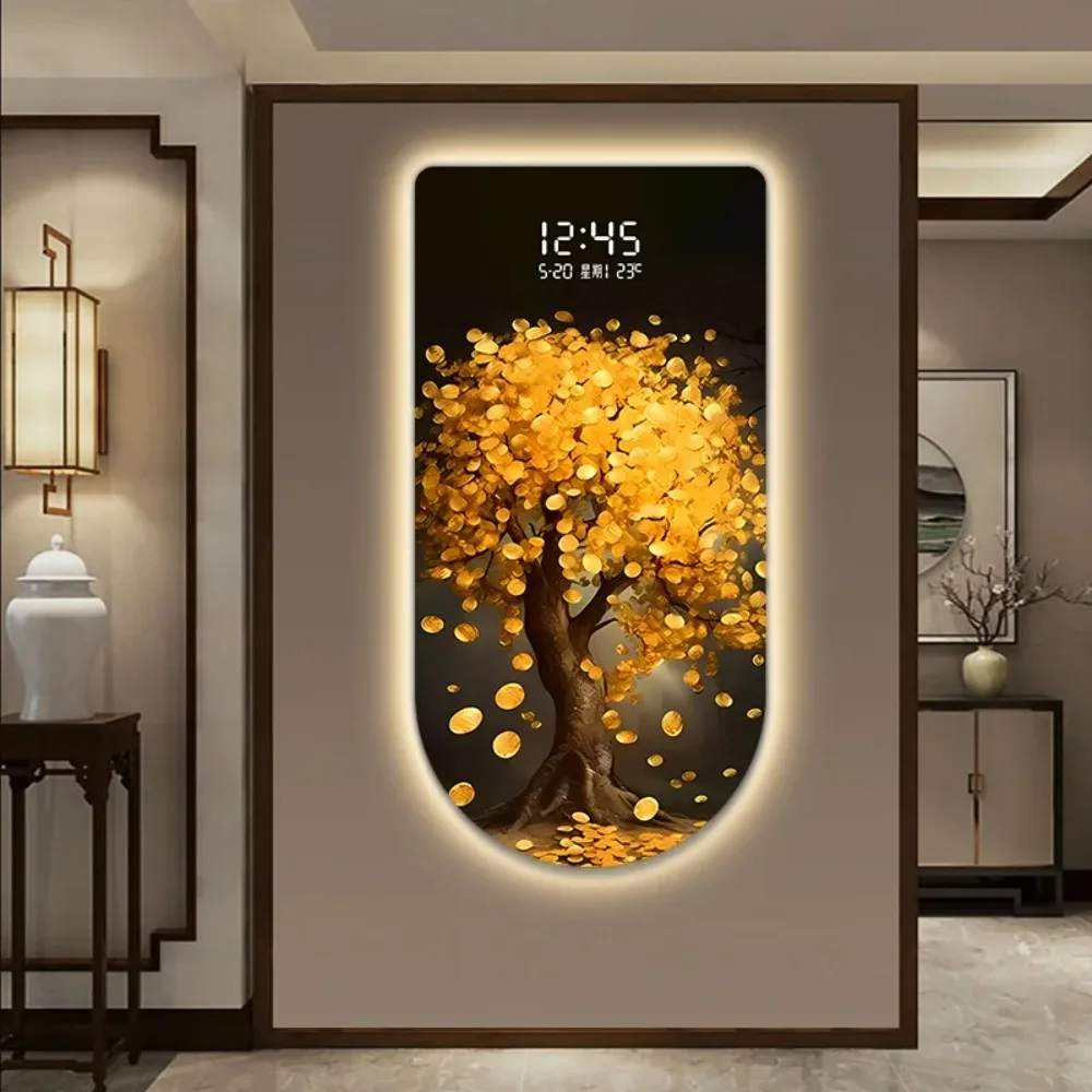 Fortune Tree Wall Art with Digital Clock-Modern Luxury U-Shaped 3D Relief Entryway Decor, Premium LED Backlit Display Painting