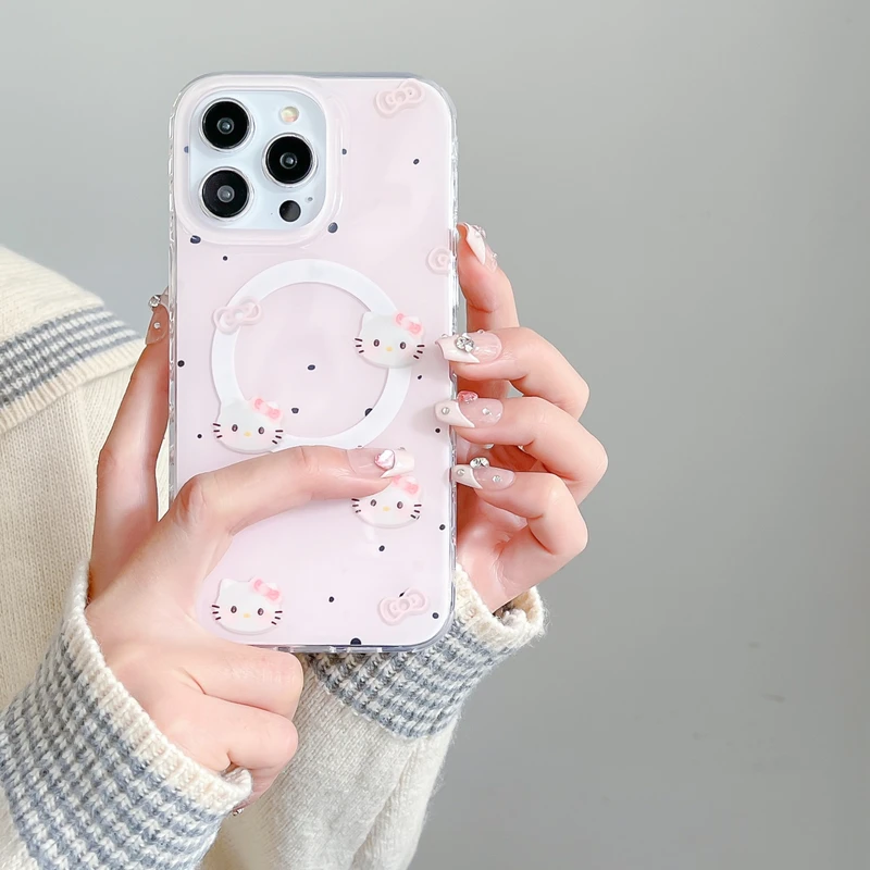 Cute Cartoon Sanrio Hello Kitty staffa magnetica Magsafe custodia per telefono con ricarica Wireless per iPhone 15 14 13 12 11 Pro Max Hard Cover