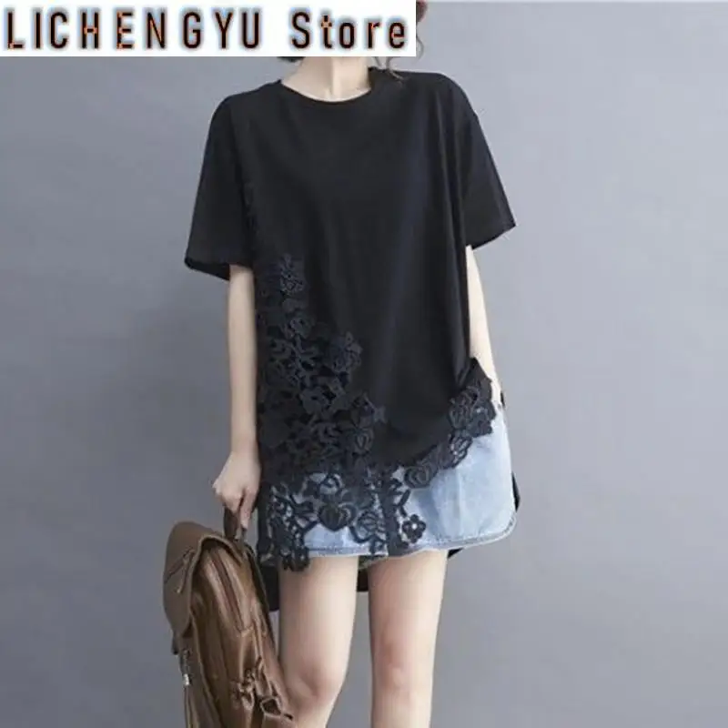 

Модные кружевные блузки с круглым вырезом нестандартной формы, женская одежда, новые летние свободные повседневные топы, асимметричные рубашки