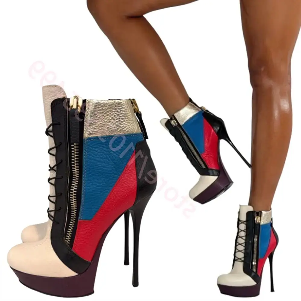 2026 New Color Block Patchwork Platform Ankle Boots Women Round Toe Lace Up Double Zipper Thin Stiletto High Heel Party Booties